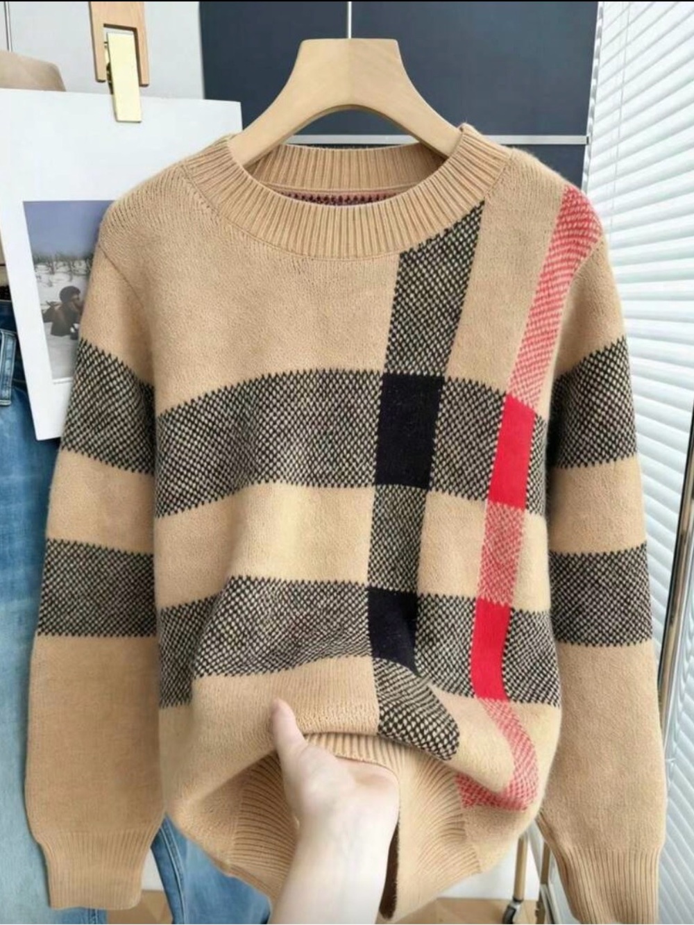 Resyla Plaid Check Sweater Medium NWT Beige Black Red Cozy Knit